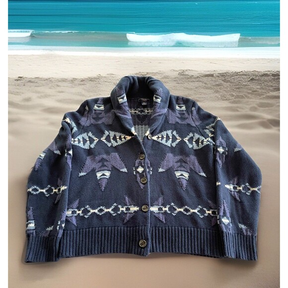 Chaps Blue Aztec Cardigan Sweater Button Up Shawl Neck Southwest Ladies Large - Picture 1 of 11